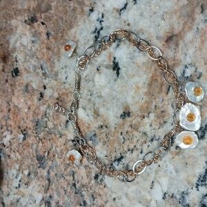 Vintage Women's 9" Sterling Silver Floral Chain Link Ankle Bracelet